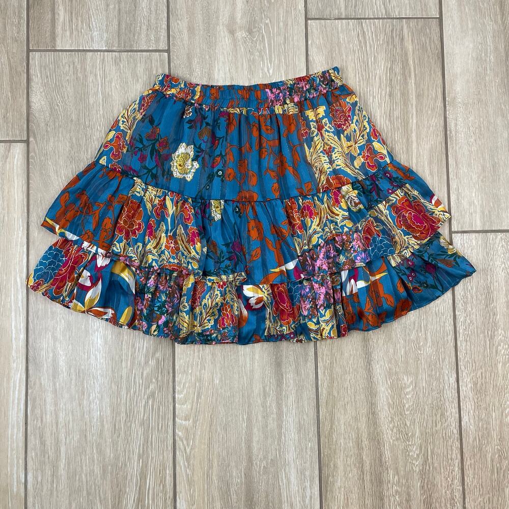 Stellah Tiered Mini Skirt Womens S Blue Floral Paisley Ruffle Boho Elastic Waist